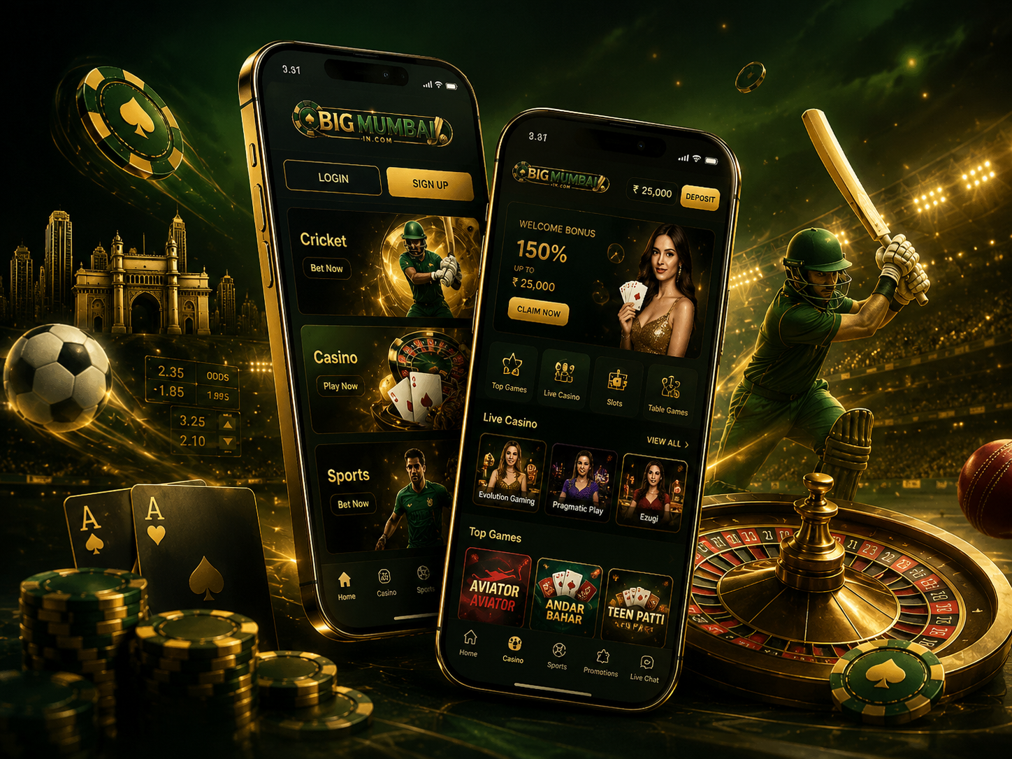 Big Mumbai app-style screen panels with cricket and table room cards