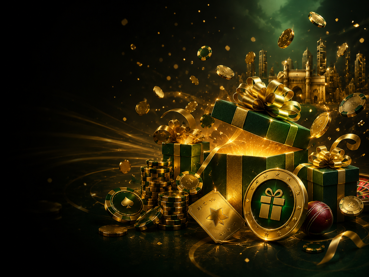 Gold and green gift panel with chips and Mumbai skyline
