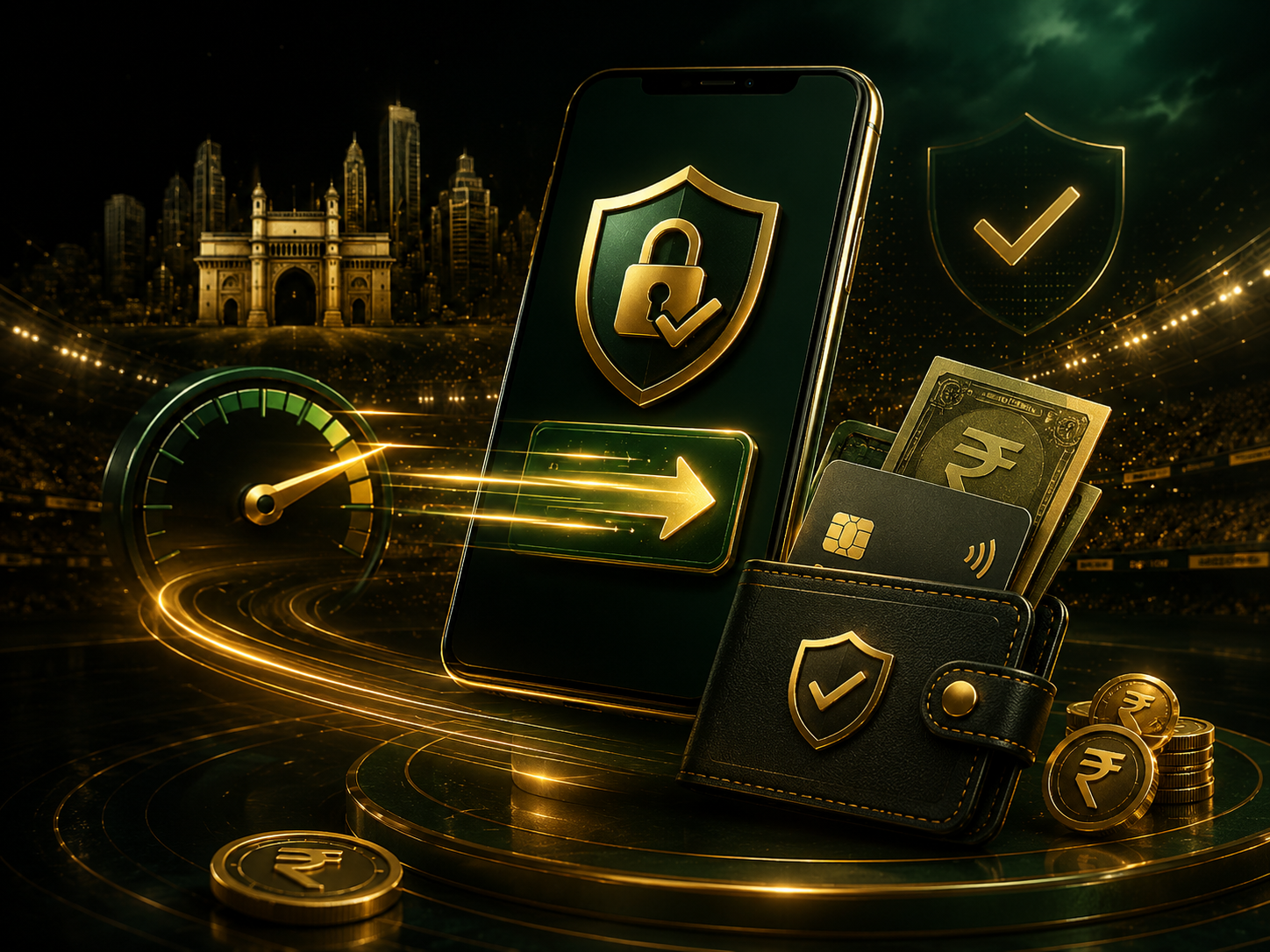 Safety check panel with phone, wallet, shield, and gold light