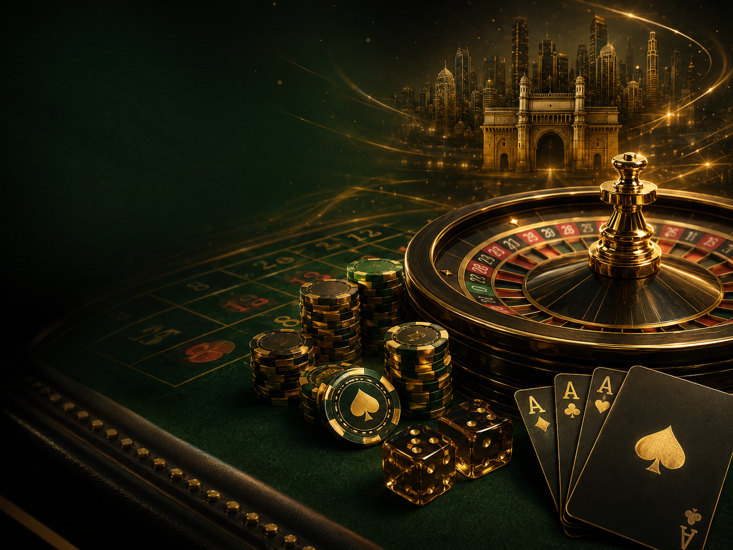 Green table room with chips, cards, dice, and roulette wheel